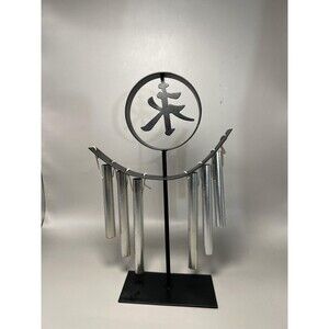 Metal Tabletop Wind Chime Asian Symbol Black Stand Home Decor Silver Tubes 11in